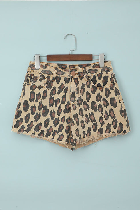Leopard Mid Waist Frayed Hemline Denim Shorts